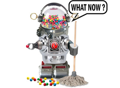 Vintage retro robot with mop
             